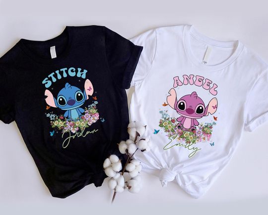 Disney Stitch & Angel Matching Shirt, Custom Disney Shirt, Disneyland Couple Epcot Floral Shirt, WDW Trip 2024 Shirt, Disneyworld Trip Shirt