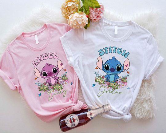 Disney Stitch & Angel Matching Shirt, Custom Disney Shirt, Disneyland Couple Epcot Floral Shirt, WDW Trip 2024 Shirt, Disneyworld Trip Shirt