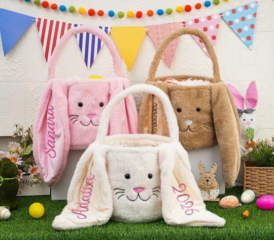 Personalized Plush Easter Basket,Kids Bunny Basket with Name,Embroidered Name Easter Bucket,Custom Easter Bag,Easter Gifts for Girls Boys