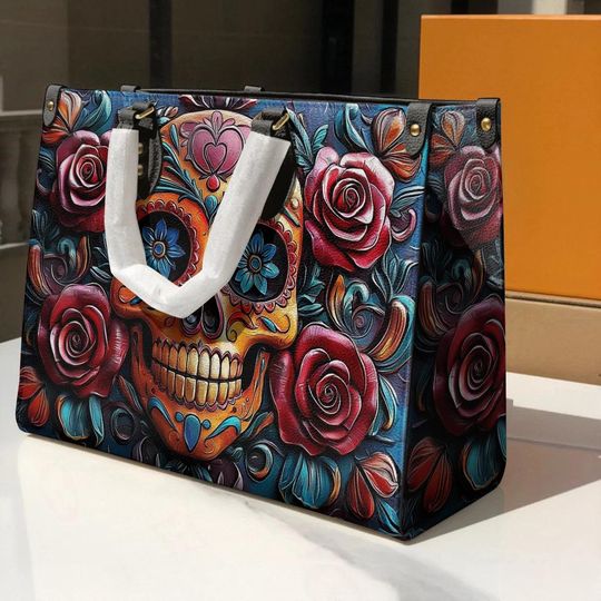 Leather Handbag Vivid Skull and Roses