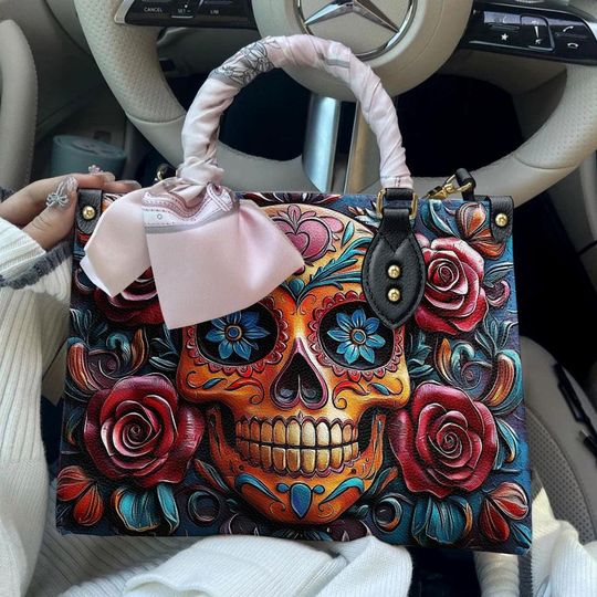 Leather Handbag Vivid Skull and Roses