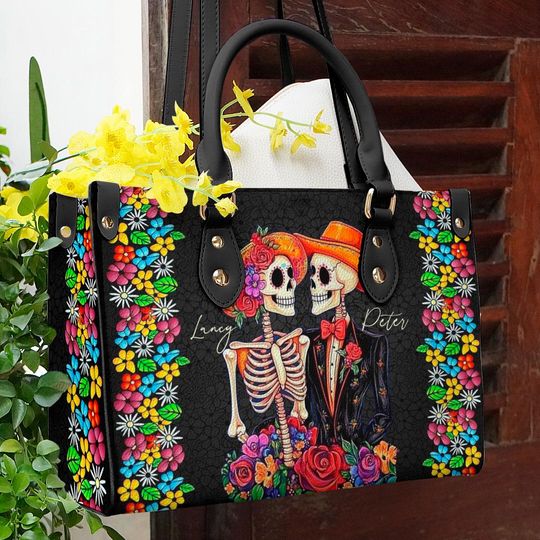 Leather Handbag Vibrant Skull Romance