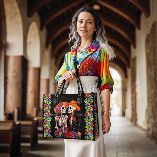 Leather Handbag Vibrant Skull Romance