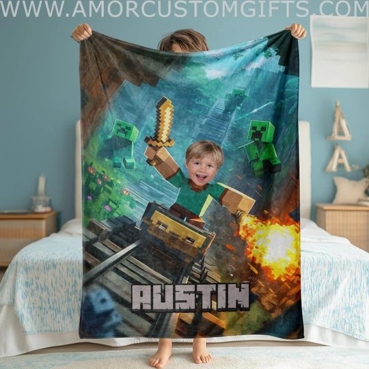 Personalized Pixel Craft Blanket: USA Made 3D Sandbox Video Game