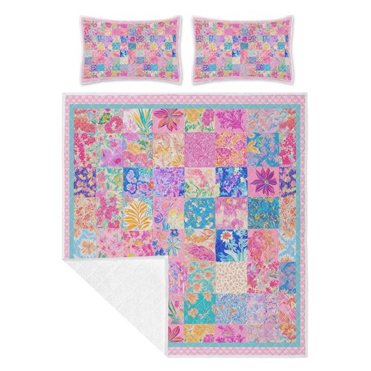 Personalized Floral Quilt Bedding Set: Preppy Botanical Print