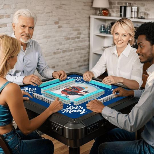 Winter Mahjong Mat – Skating Bird, Royal Blue