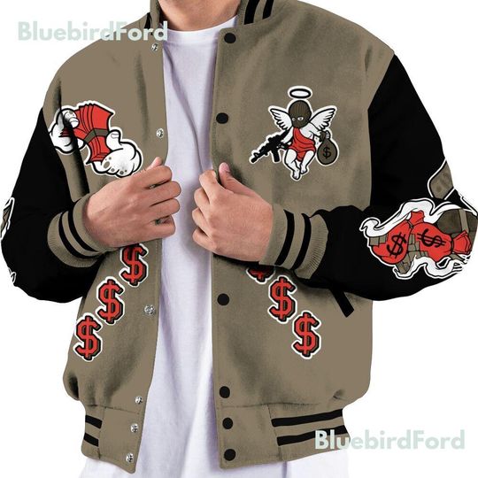 Dunkare Olive 9s Baseball Varsity Jacket - Ones Move In Silence Graphic All Over Print Letterman Jackets