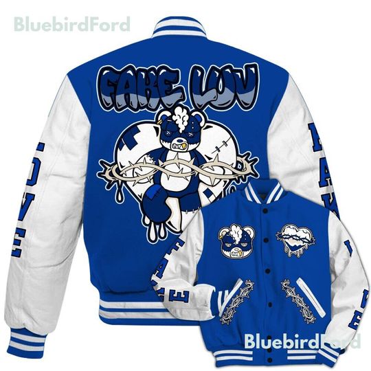 Dunkare Low Game Royal 1s Baseball Varsity Jacket - False Romance Hugz All Over Print Letterman Jackets