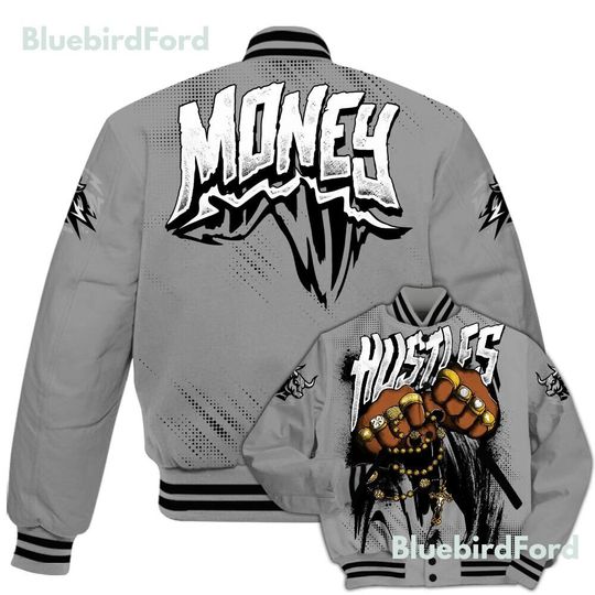 Black Wolf Grey 12s Baseball Varsity Jacket, Hustle Make Money All Over Print Baseball Varsity Jacket