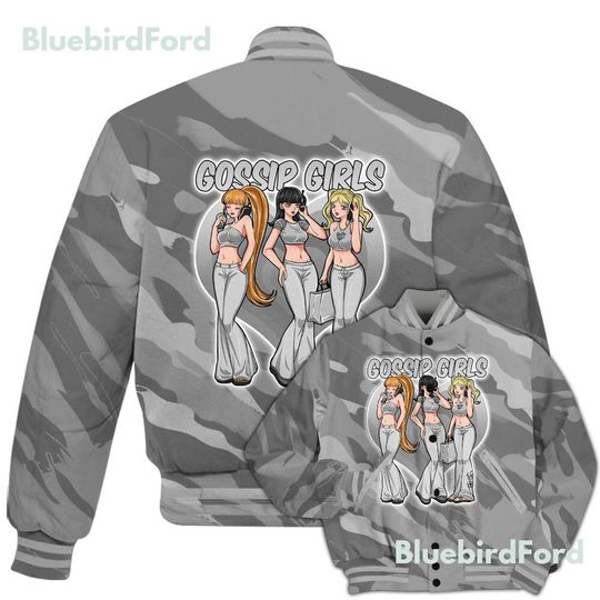 Black Wolf Grey 12s Baseball Varsity Jacket-  Wolf Grey Shirt Gossip'Girls All Over Print Baseball Varsity Jacket