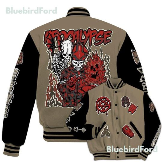 Dunkare Olive 9s Baseball Varsity Jacket - Apocalypse Skeleton All Over Print Letterman Jackets