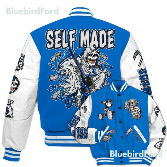 Dunkare Blueberry 12s Baseball Varsity Jacket - Self Make Skeleton All Over Print Letterman Jackets