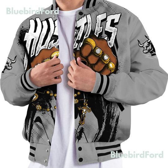 Black Wolf Grey 12s Baseball Varsity Jacket, Hustle Make Money All Over Print Baseball Varsity Jacket