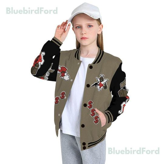 Dunkare Olive 9s Baseball Varsity Jacket - Ones Move In Silence Graphic All Over Print Letterman Jackets