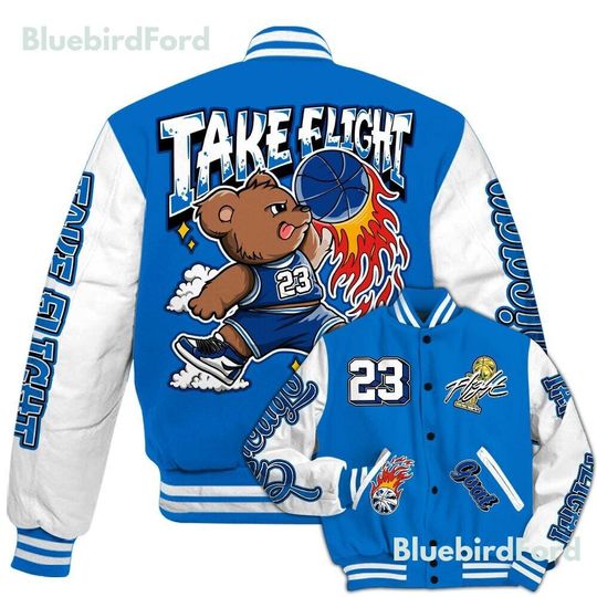 Dunkare Blueberry 12s Baseball Varsity Jacket - Number 23 Basketball Bear All Over Print Letterman Jackets