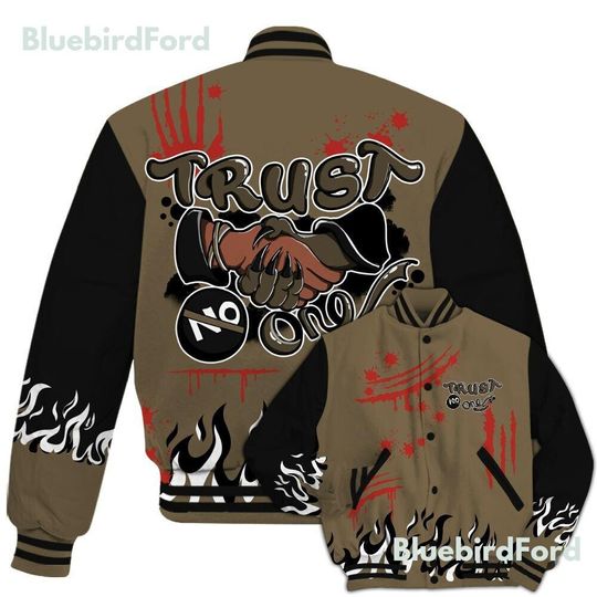 Dunkare Olive 9s Baseball Varsity Jacket, Graphic Trust No One All Over Print Letterman Jackets