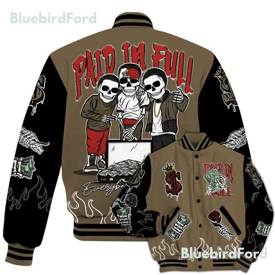 Dunkare Olive 9s Baseball Varsity Jacket, Fire Everybody Paid In All Over Print Letterman Jackets