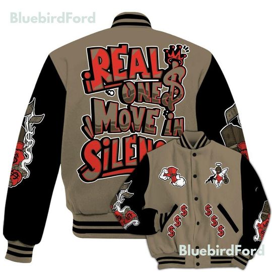 Dunkare Olive 9s Baseball Varsity Jacket - Ones Move In Silence Graphic All Over Print Letterman Jackets