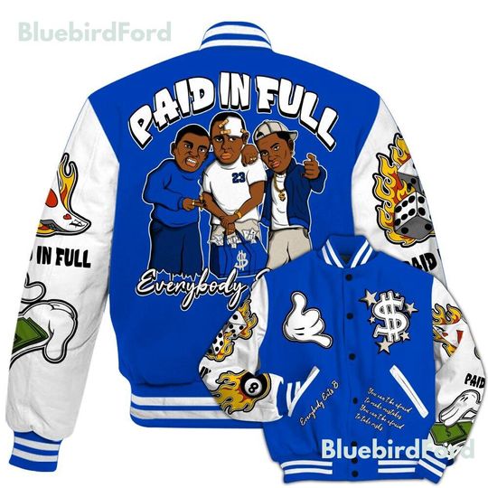 Dunkare Low Game Royal 1s Baseball Varsity Jacket, Funny Everybody Paid In Full Graphic All Over Print Letterman Jackets