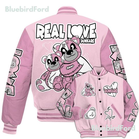 Dunkare Orchid 4s Baseball Varsity Jacket - Sincere Fondness Bear All Over Print Letterman Jackets
