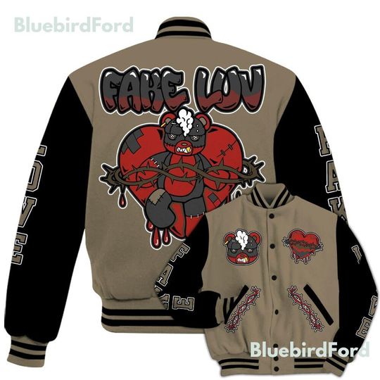 Dunkare Olive 9s Baseball Varsity Jacket - False Romance Hugz All Over Print Letterman Jackets