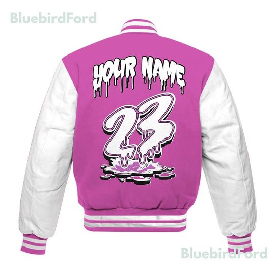 Bluebirdford Match AJ Baseball Varsity Jacket Custom 23 Drip, 4 Hyper Violet Baseball Varsity Jacket