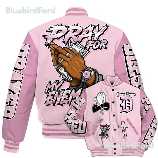 Dunkare Orchid 4s Baseball Varsity Jacket - Prayed For Enemies Graphic All Over Print Letterman Jackets