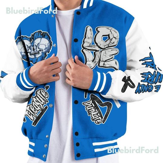 Dunkare Blueberry 12s Baseball Varsity Jacket - Skull Love All Over Print Letterman Jackets