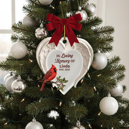 Personalized Cardinal Memorial Ornament, In Loving Memory Xmas Gift, Angel Wings Heart Keepsake, Custom Remembrance Decor, Sympathy Ornament
