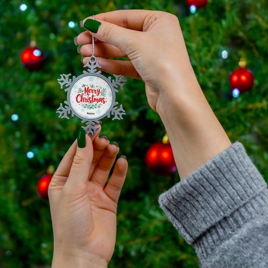 Personalized Pewter Snowflake Ornament  Merry Christmas Keepsake