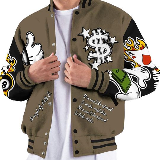 Olive 9s Varsity Jacket, Streetwear Varsity Jacket, Everybody Paid In Full Graphic Varsity Jackets