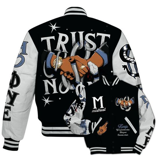 Mid Space Jam 1s Varsity Jacket, Streetwear Varsity Jackets, Trust No One Snake-Bite Street Style Varsity Jackets