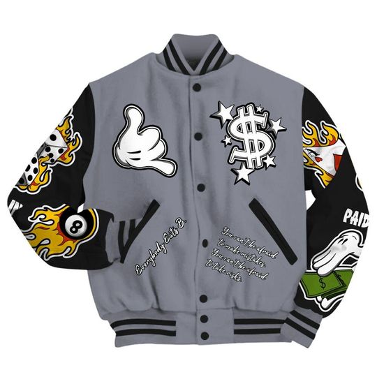 Retro Black Flint 13s Varsity Jacket, Streetwear Varsity Jacket, Hip Hop Varsity Jacket, Everybody Paid In Full Graphic Varsity Jackets