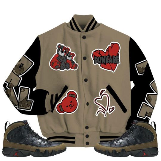 Olive 9s Varsity Jacket, Streetwear Varsity Jacket, Hip Hop Varsity Jacket, Sincere Fondness Bear Varsity Jackets