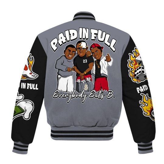 Retro Black Flint 13s Varsity Jacket, Streetwear Varsity Jacket, Hip Hop Varsity Jacket, Everybody Paid In Full Graphic Varsity Jackets