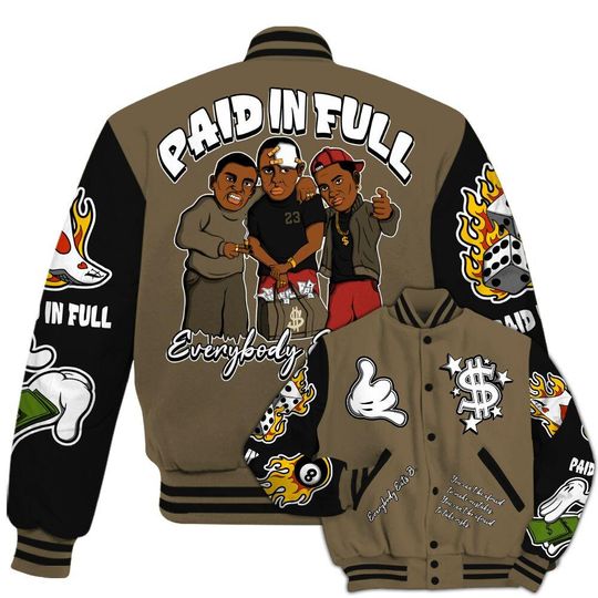 Olive 9s Varsity Jacket, Streetwear Varsity Jacket, Everybody Paid In Full Graphic Varsity Jackets