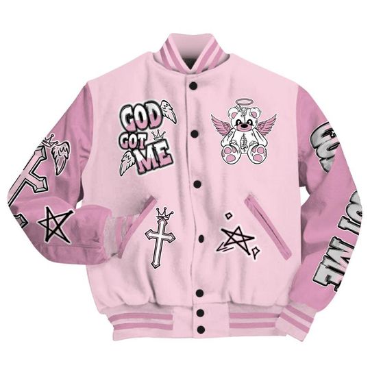 Orchid 4s Varsity Jacket, Streetwear Varsity Jacket, Gods Guides Me Bear Varsity Jacket