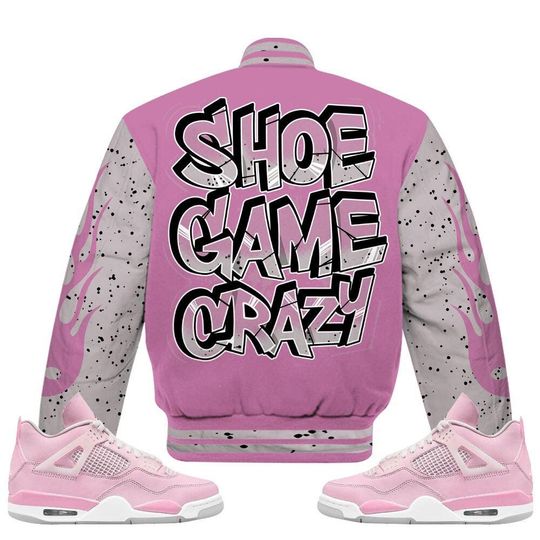 Neutral Grey Black White Orchid 4s Varsity Jacket, Streetwear Varsity Jackets, Shoe Game Crazy Graphic Varsity Jackets