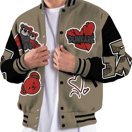 Olive 9s Varsity Jacket, Streetwear Varsity Jacket, Hip Hop Varsity Jacket, Sincere Fondness Bear Varsity Jackets