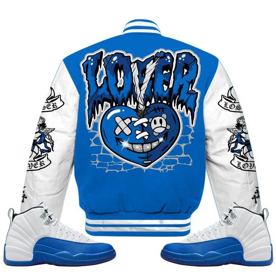 Blueberry 12s Varsity Jacket, Streetwear Varsity Jacket, Hip Hop Varsity Jacket, LOVER LOSER Custom Name Baseball Varsity Jacket