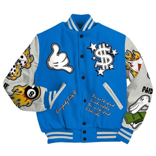 Blueberry 12s Varsity Jacket, Streetwear Varsity Jackets, Everybody Paid In Full Graphic Varsity Jacket