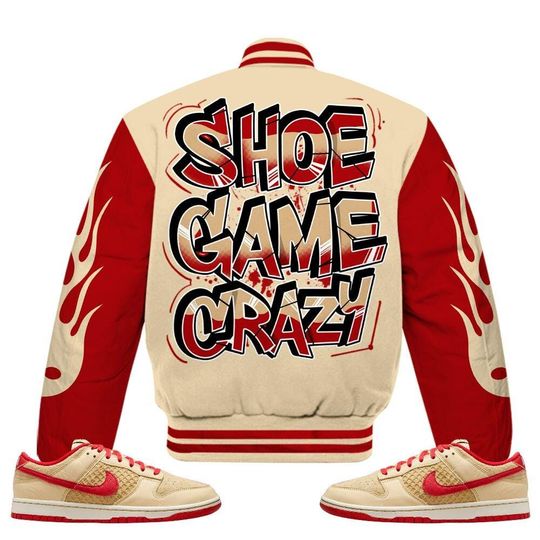 Dunk Low Strawberry Waffle Varsity Jacket, Streetwear Varsity Jacket, Shoe Game Crazy Graphic Varsity Jackets
