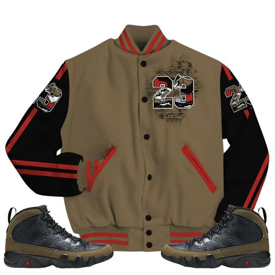 Olive 9s Varsity Jacket, Streetwear Varsity Jackets, Custom Number 23 5s All Over Print Letterman Jackets