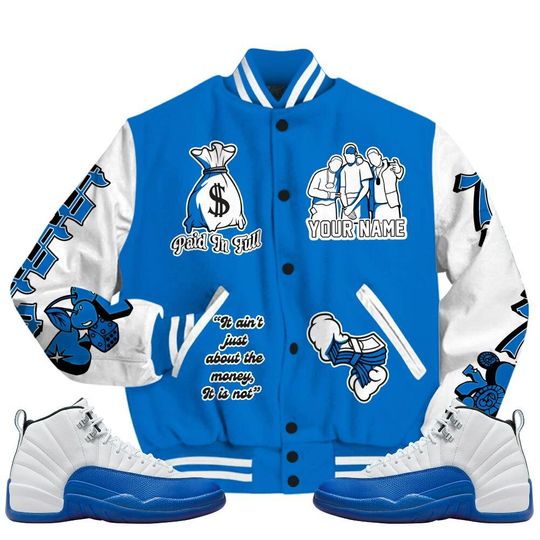Blueberry 12s Varsity Jacket, Streetwear Varsity Jacket, Hip Hop Varsity Jacket, Paid In Full Baseball Varsity Jacket Custom Name Varsity Jackets