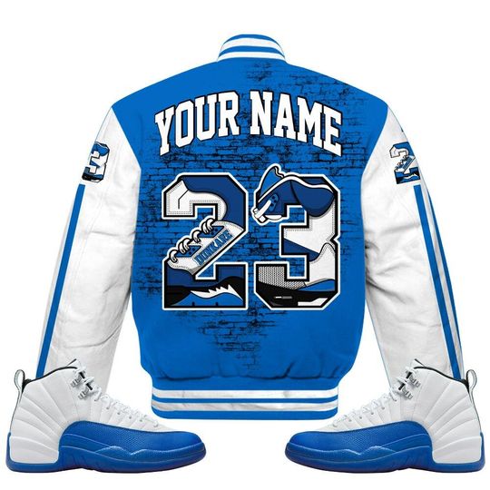 Blueberry 12s Varsity Jacket, Streetwear Varsity Jackets, Custom Number 23 5s All Over Print Letterman Jackets