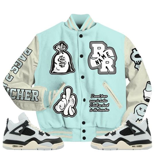 Pure Platinum 4s Varsity Jacket, Streetwear Varsity Jacket, Hip Hop Varsity Jacket, Rag 2 Rich Graphic Custom Name Varsity Jackets