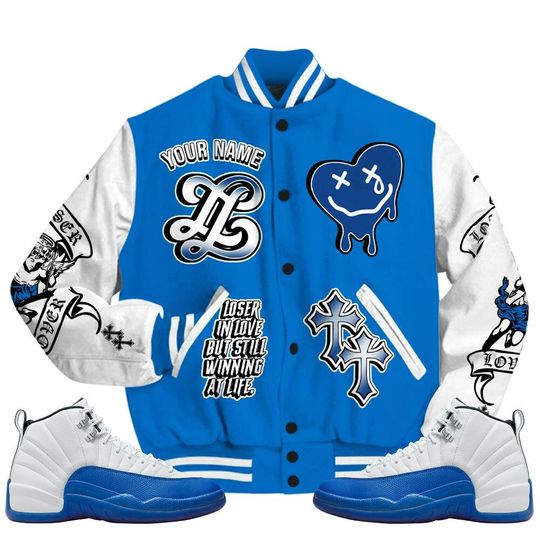 Blueberry 12s Varsity Jacket, Streetwear Varsity Jacket, Hip Hop Varsity Jacket, LOVER LOSER Custom Name Baseball Varsity Jacket