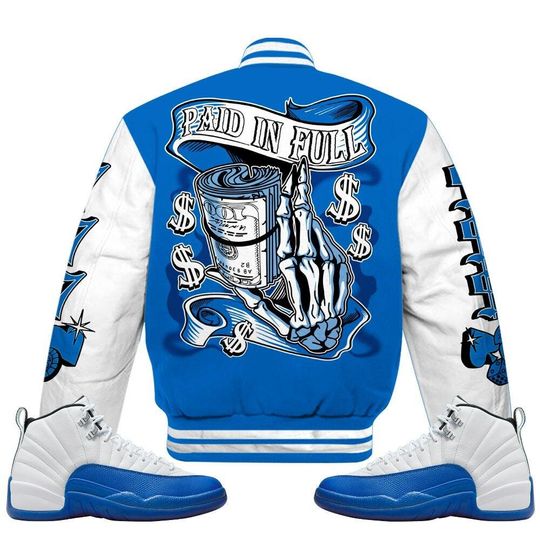 Blueberry 12s Varsity Jacket, Streetwear Varsity Jacket, Hip Hop Varsity Jacket, Paid In Full Baseball Varsity Jacket Custom Name Varsity Jackets