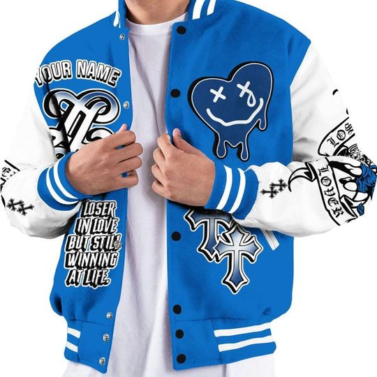 Blueberry 12s Varsity Jacket, Streetwear Varsity Jacket, Hip Hop Varsity Jacket, LOVER LOSER Custom Name Baseball Varsity Jacket