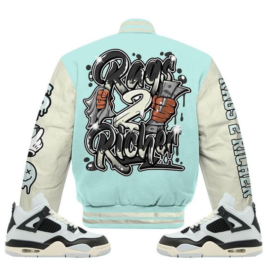 Pure Platinum 4s Varsity Jacket, Streetwear Varsity Jacket, Hip Hop Varsity Jacket, Rag 2 Rich Graphic Custom Name Varsity Jackets